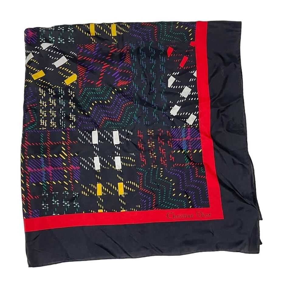 Vintage 80s Christian Dior 100% Silk Black Red Abstract Plaid 30" Square Scarf